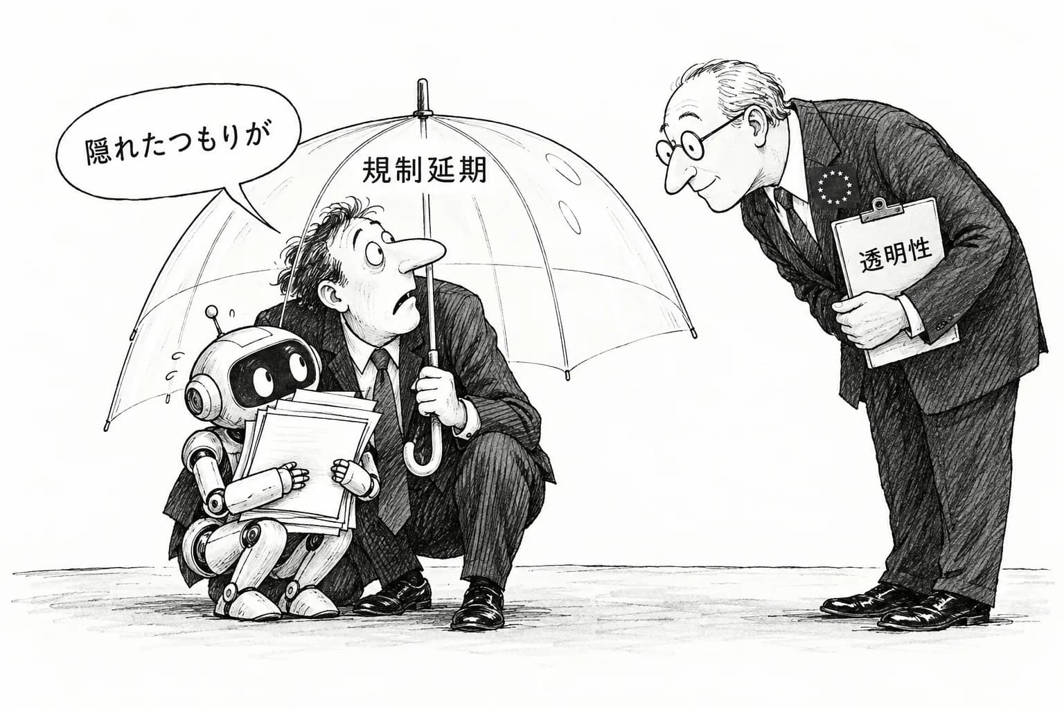 風刺画: EU AI法「オムニバス簡素化」で高リスク規制が2027年末まで延期 透明性義務は12月2日に前倒し猶予終了