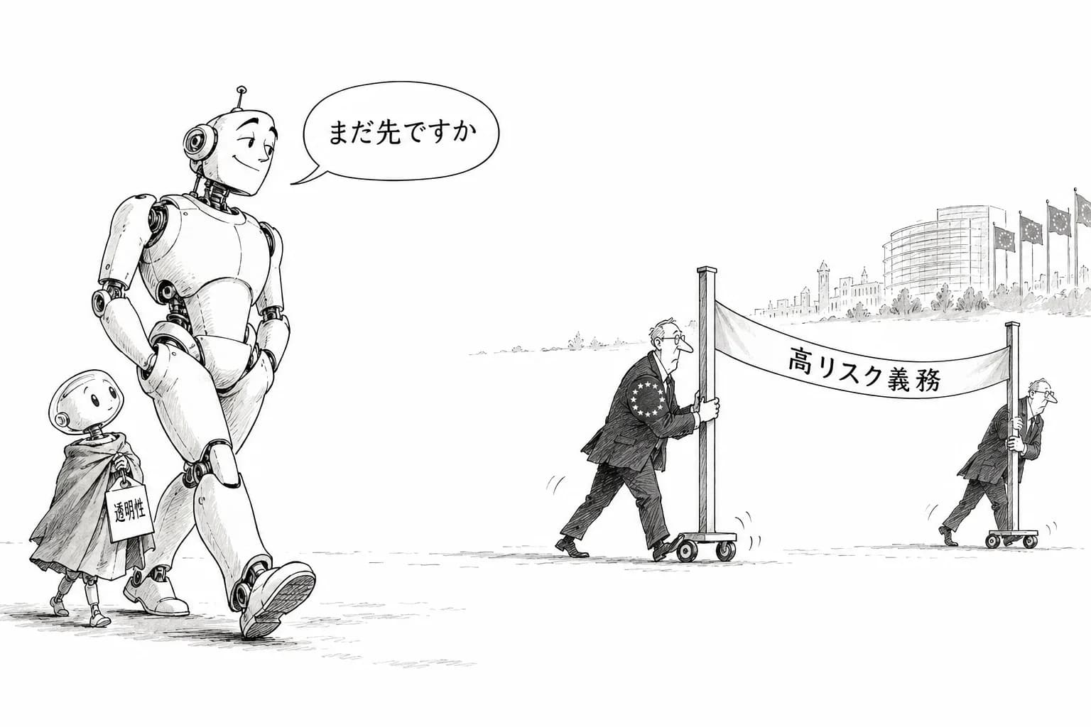 風刺画: EU AI法、デジタル・オムニバスで高リスク義務を2027年末・2028年8月に後ろ倒し 透明性義務は猶予4か月