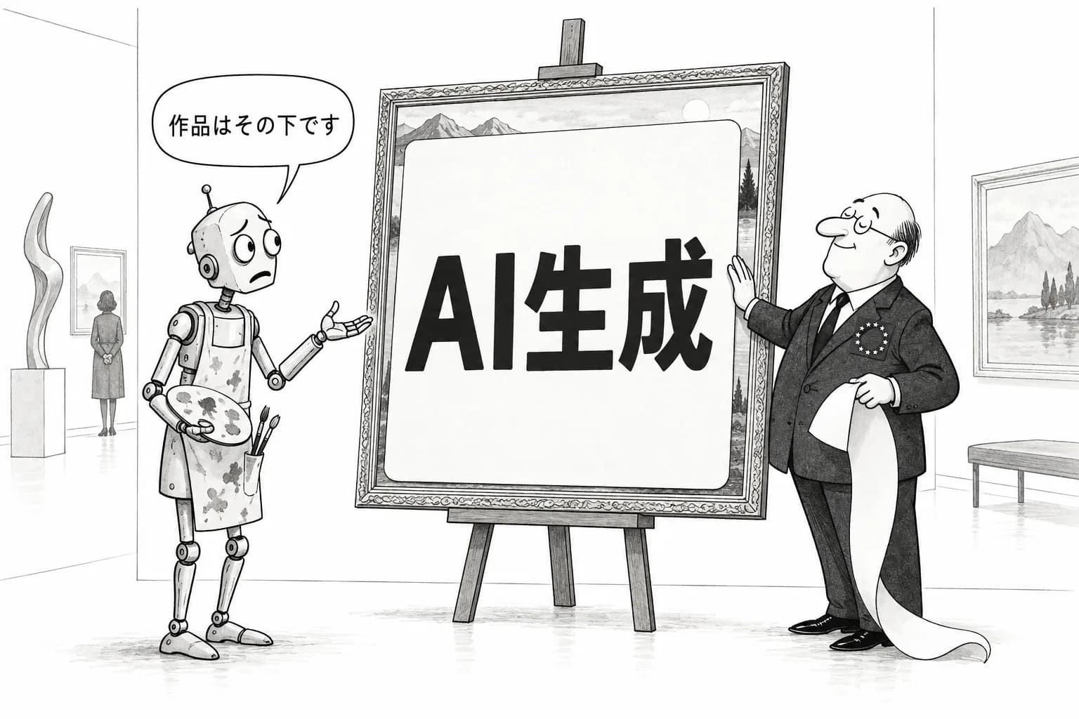 風刺画: EU「AI生成コンテンツ表示義務」8月2日始動、違反なら世界売上の3%制裁金 OpenAI・Anthropicが来歴表示で先行対応