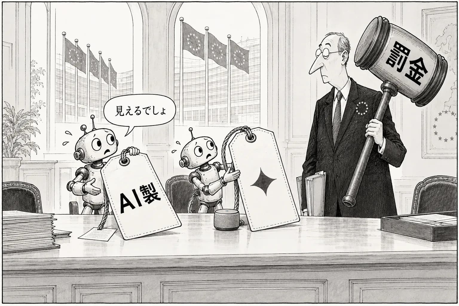 風刺画: EU AI法「透明性義務」8月2日施行、OpenAI・Anthropicが来歴技術で対応加速 罰則は最大1500万ユーロまたは売上高3%