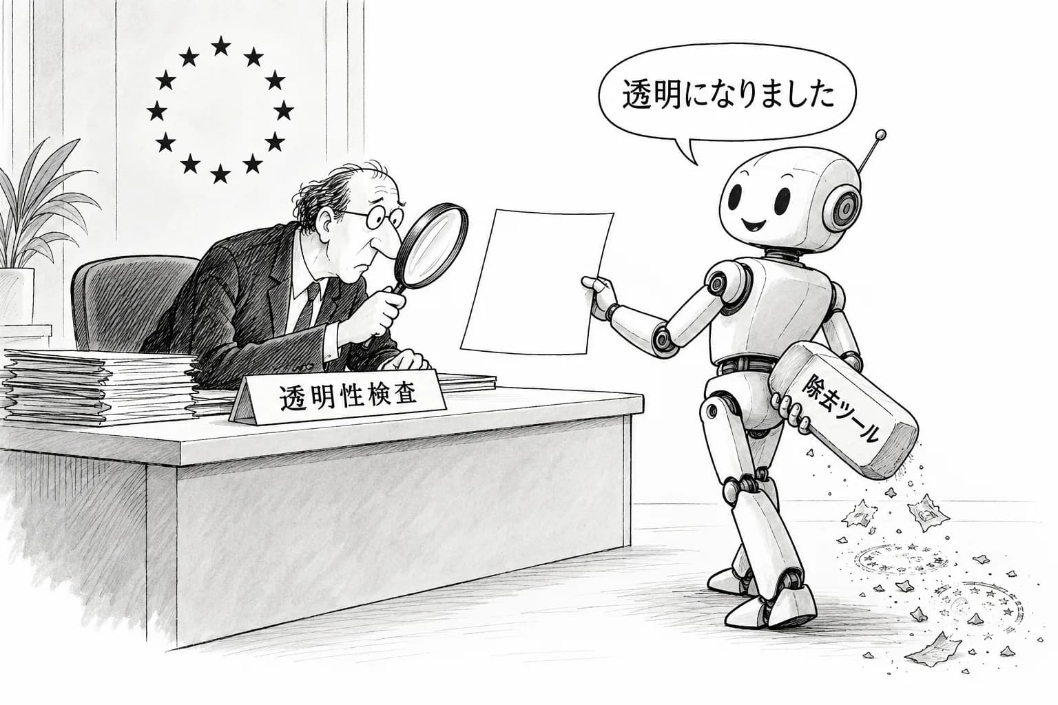 風刺画: EU AI法「透明性義務」8月2日発動、OpenAI・Anthropicが来歴表示で応戦 除去ツール登場で技術的限界も露呈