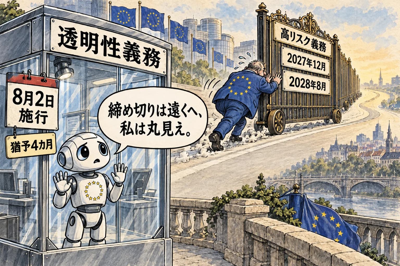 風刺画: EU AI Act、高リスク義務を2年延期 2027年12月・2028年8月に新期限、透明性義務は8月2日施行へ