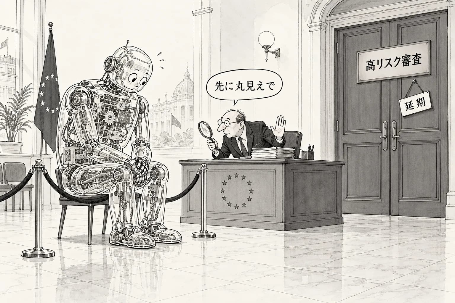 風刺画: EU AI Act、高リスク義務を2027年12月・2028年8月に延期――デジタル・オムニバスで実装スケジュール再編