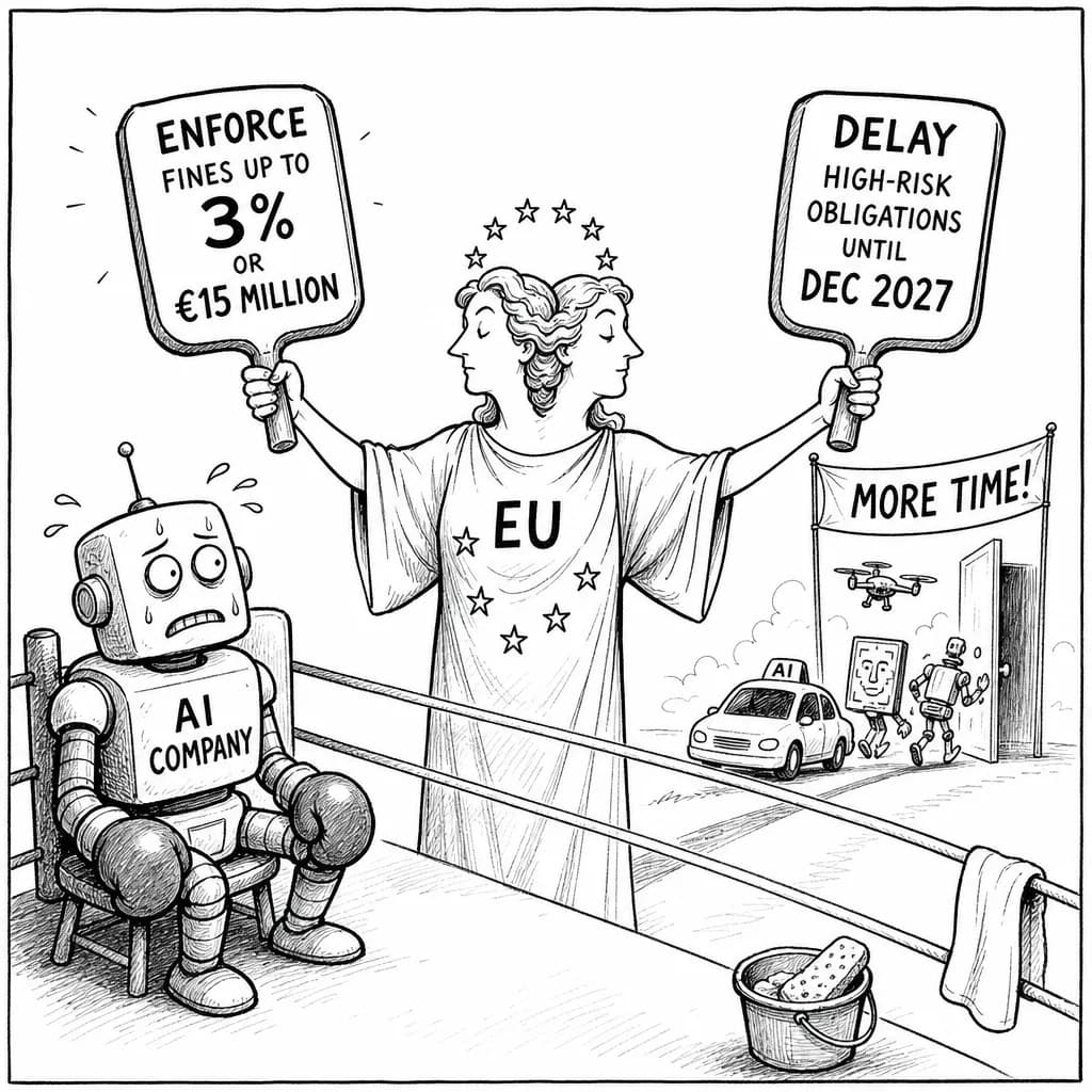 風刺画: EU AI Act、罰金上限3%・モデル事前評価権が発動 高リスク義務は2027年末へ再延期の「二正面」規制