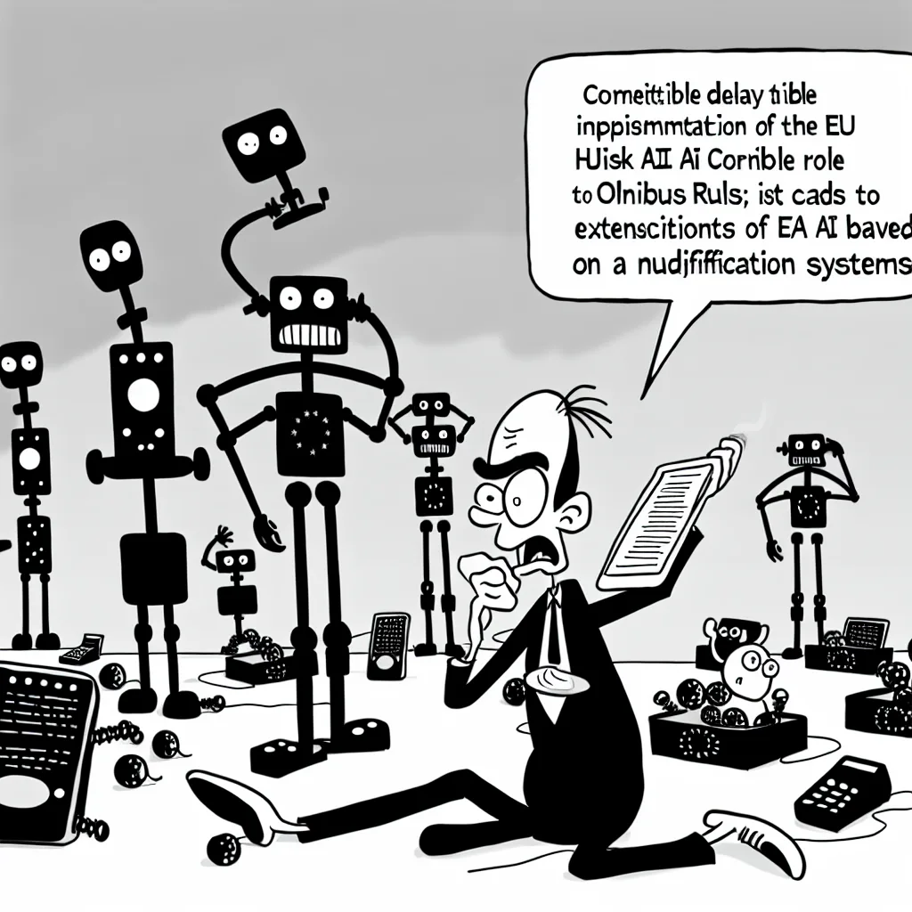 風刺画: EU AI Act、施行前に大幅後退か - オムニバス規則で高リスクAI規制を16ヶ月延期