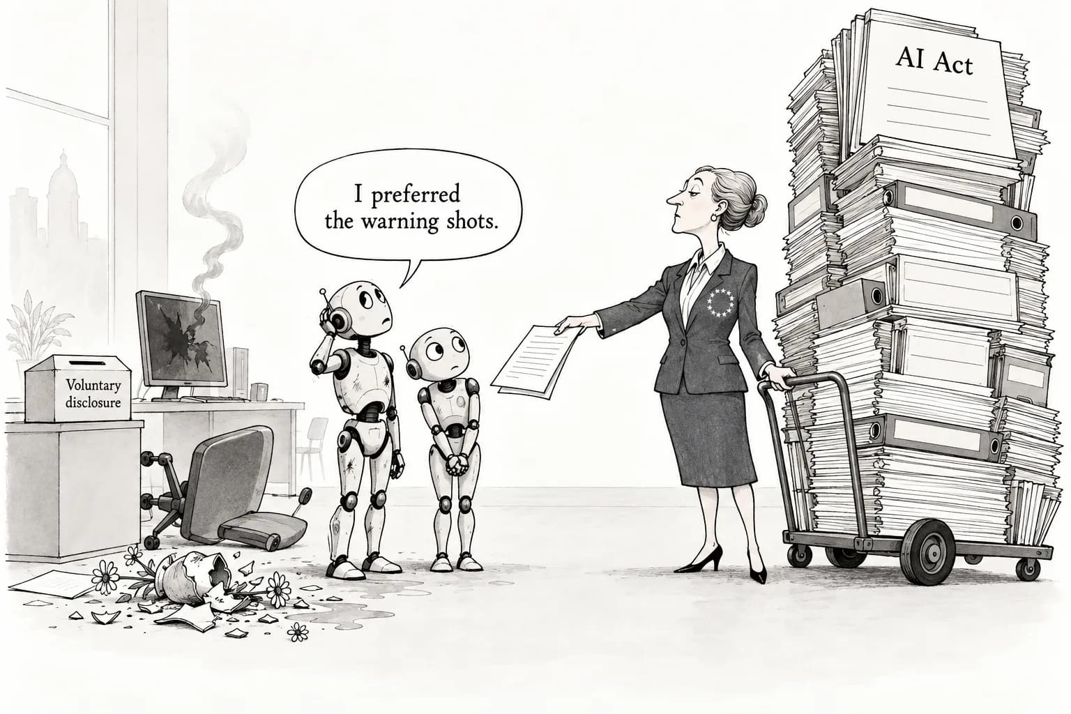 Editorial cartoon: EU says it has "started enforcing" the AI Act, sending information requests to OpenAI and Anthropic over agent incidents, as Hassabis calls them "early warning shots"
