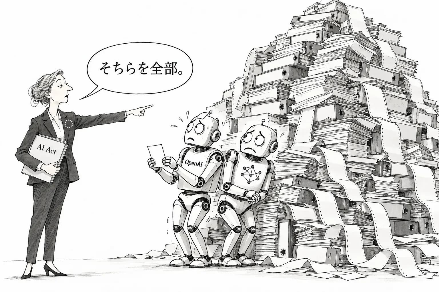 風刺画: EU、AI Act の「執行を始めた」と公言——OpenAI と Anthropic にエージェント事案の情報要求、同じ壇上で Hassabis は「早い警告の一発」