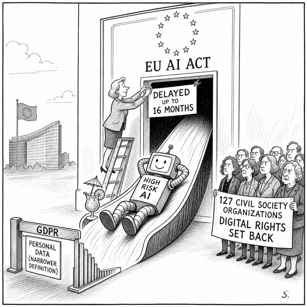 風刺画: EU AI法、規制緩和へ大幅修正:デジタル・オムニバス法案で高リスクAIシステムの義務延期最大16ヶ月