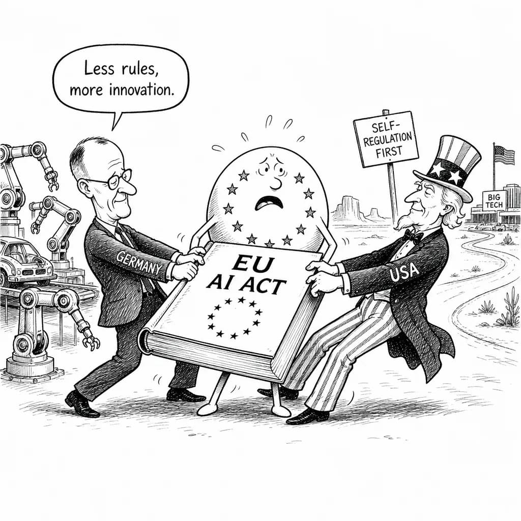 風刺画: EU AI法の規制緩和論争が激化:ドイツが産業AI規制見直しを提言、米国との対立も深刻化