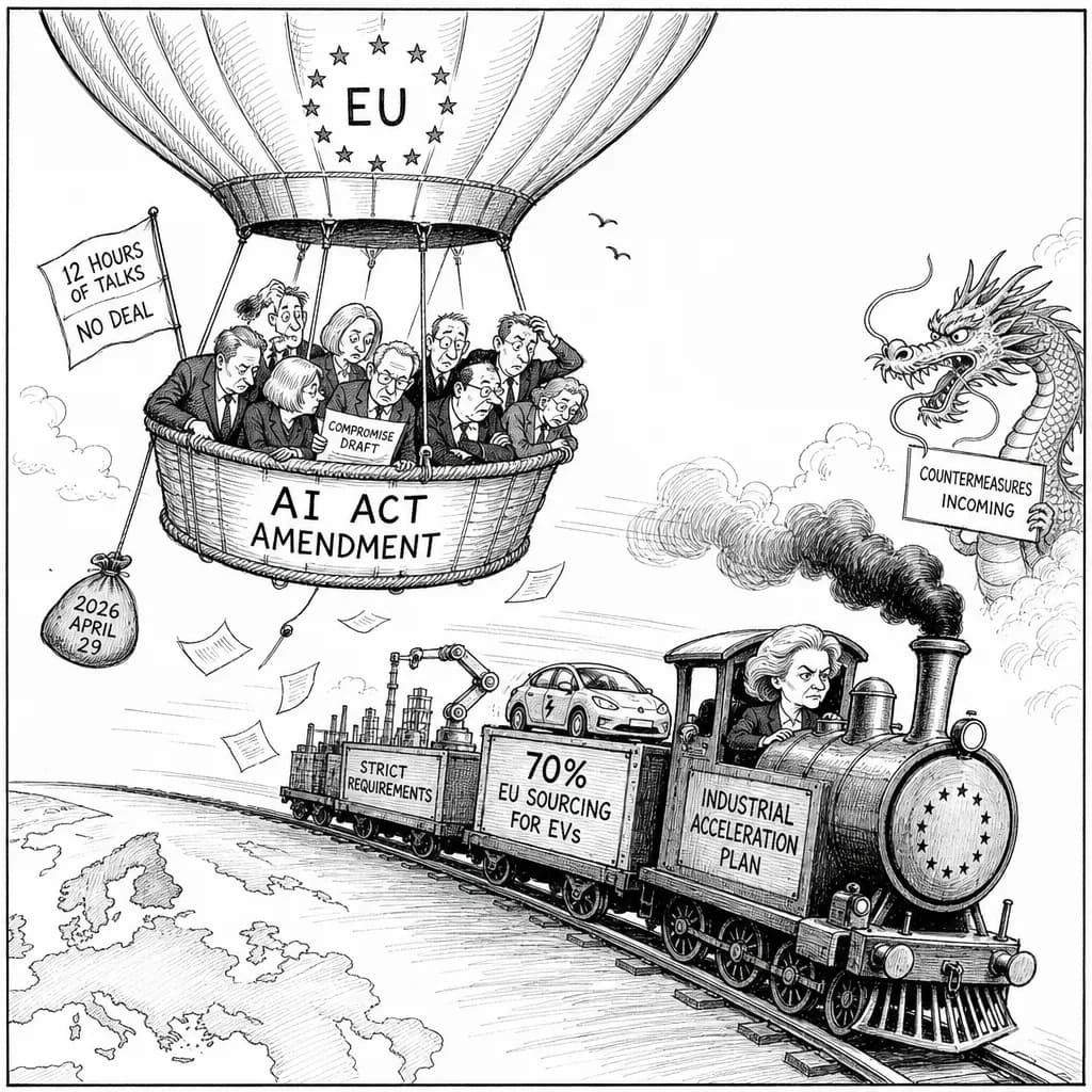 風刺画: EU AI法修正協議が決裂、産業加速法案と並行して欧州AI規制の不透明感が増大