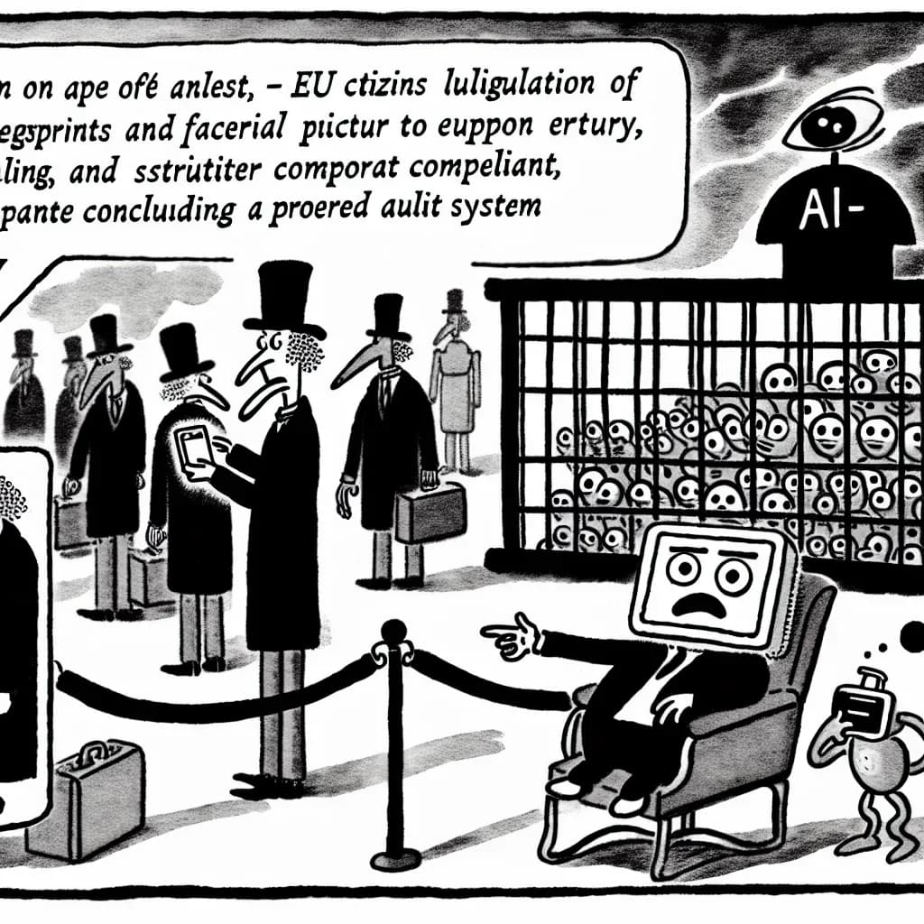 風刺画: EUのAI規制最新動向:Entry/Exit Systemの本格導入と企業コンプライアンス強化が加速