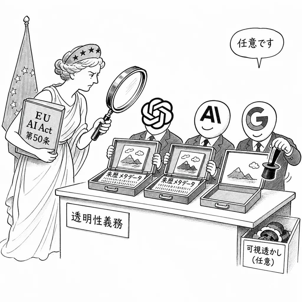 風刺画: EU生成AI透明性義務が始動、OpenAI・Anthropic・Googleは表示より「来歴メタデータ」で対応