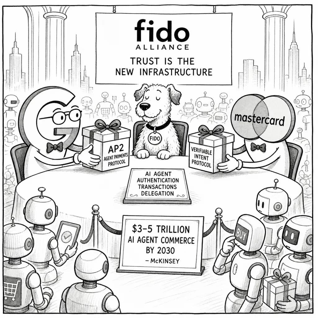 風刺画: FIDO Alliance、3兆ドル規模のAIエージェント認証基盤を策定へ GoogleとMastercardが主要プロトコルを寄贈