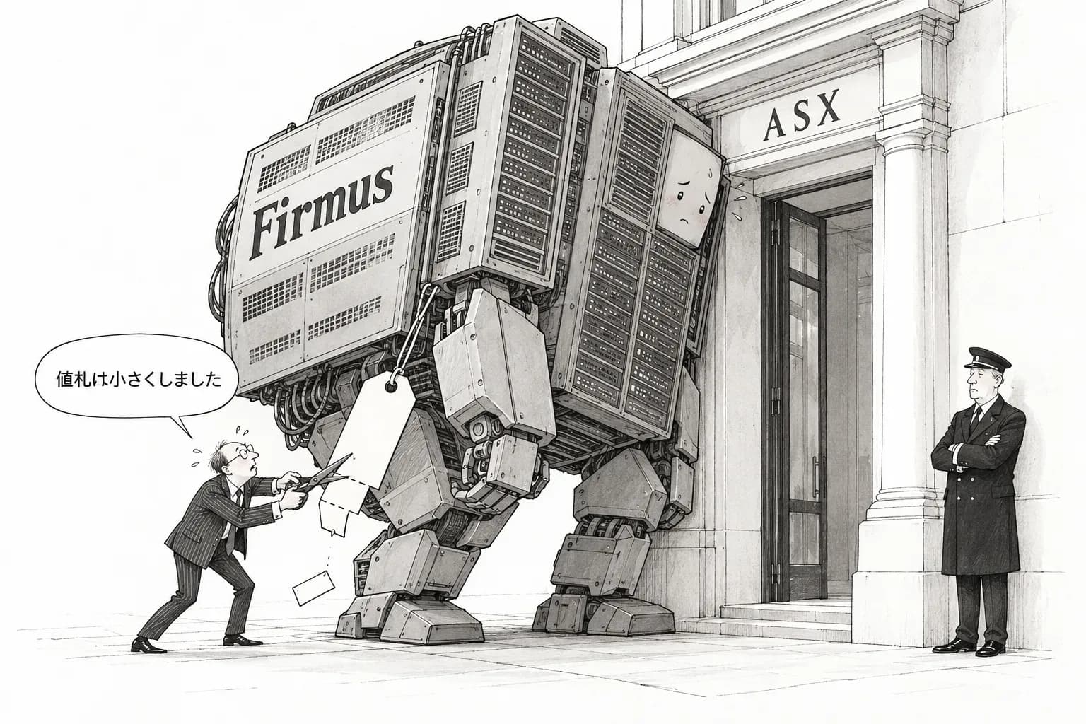 風刺画: Firmus が ASX への上場を取り下げと報道――70億豪ドルの調達計画、公開価格を下げても需要が集まらず