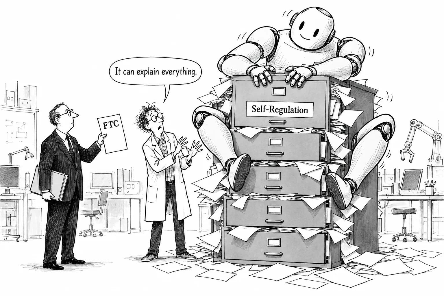 Editorial cartoon: FTC reportedly issues civil investigative demands to OpenAI and Anthropic, seeking documents on safety incidents and how they describe capabilities and risks