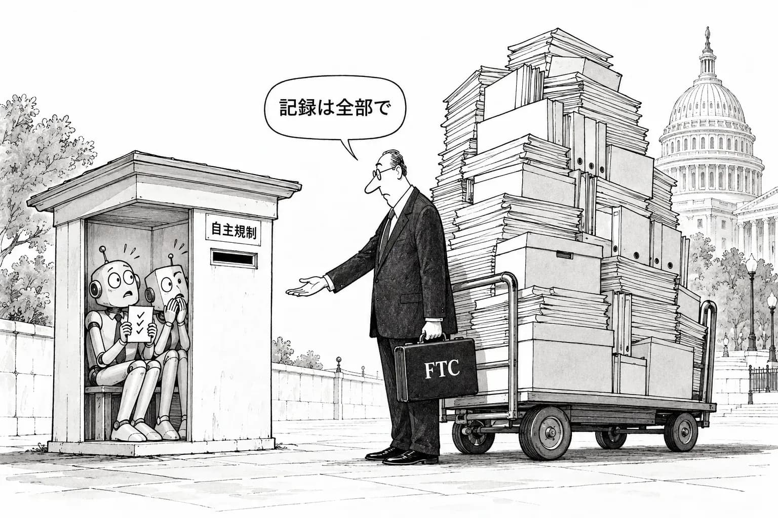 風刺画: FTC が OpenAI と Anthropic に民事調査要求と報道。安全上の事案と、能力やリスクの伝え方の文書を求める