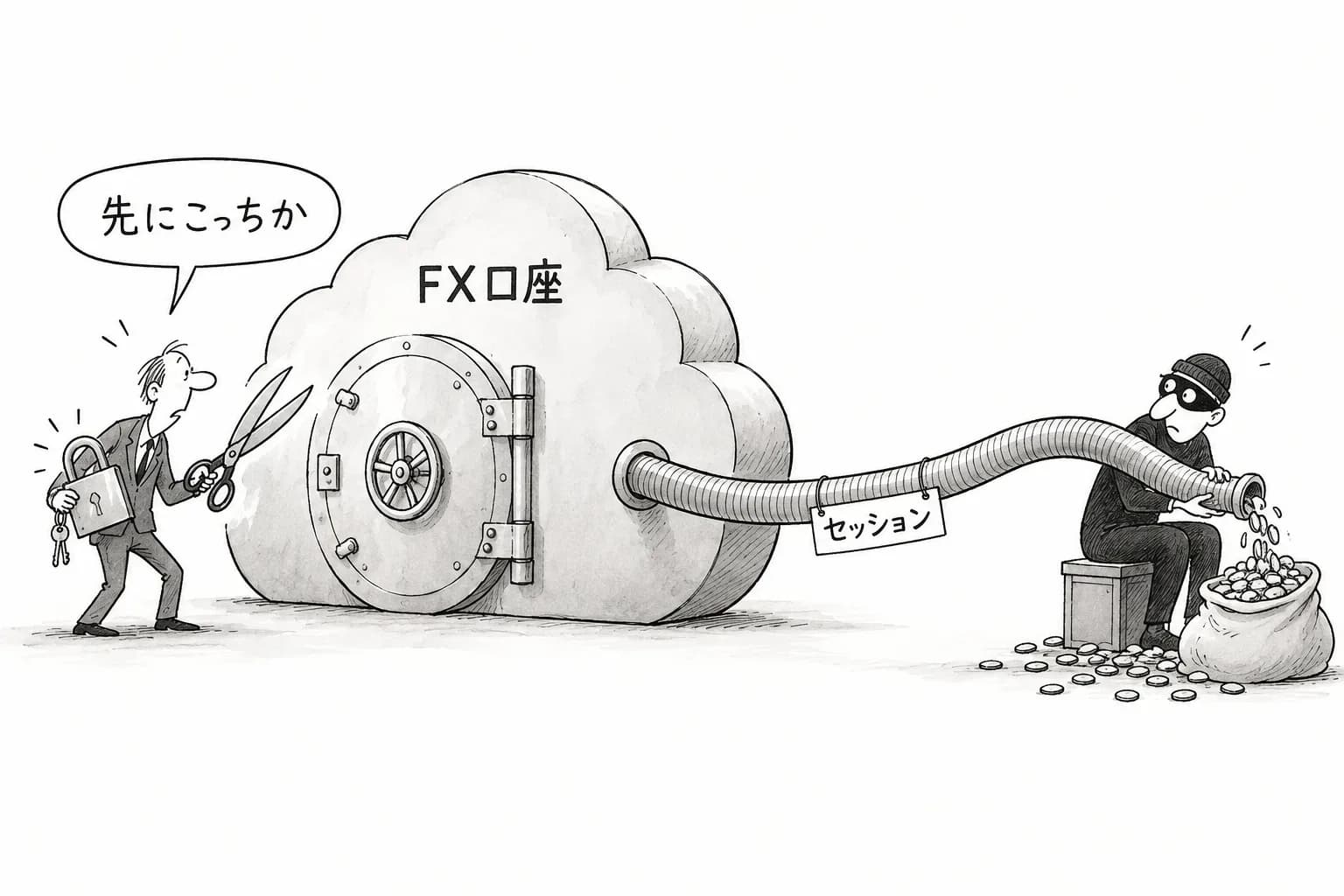 風刺画: FX自動売買のクラウドで口座の鍵が盗まれた恐れ まずセッションを切る