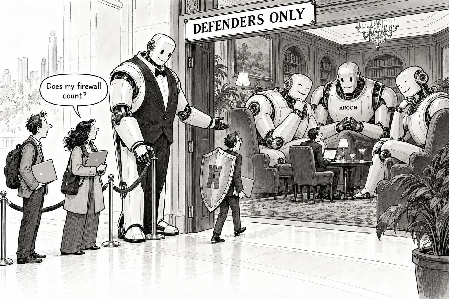 Editorial cartoon: Gemini 4 Argon goes first to cyber defenders only, as all three frontier labs adopt a "defenders first" release model