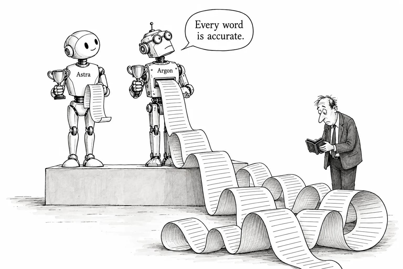 Editorial cartoon: First third-party scores for Gemini 4 Argon: tied with Astra, fewest hallucinations, but more than twice the tokens