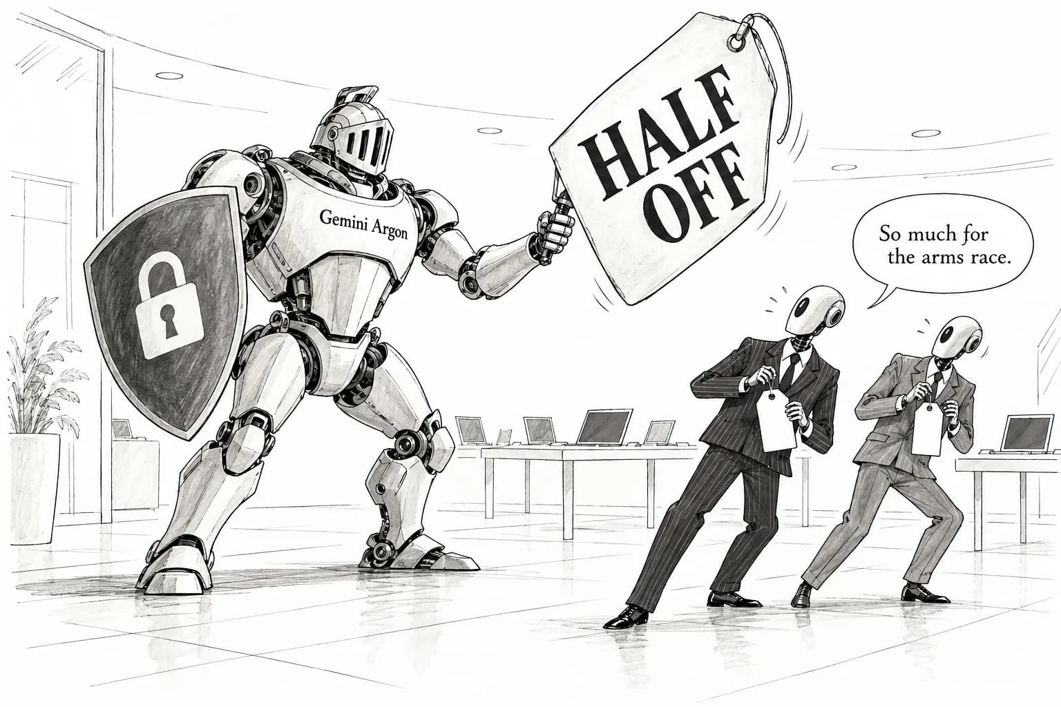 Editorial cartoon: Gemini 4 Argon goes to general availability at Opus 5.5 and Muse Wonder's list price, half off through November as Google answers on cost