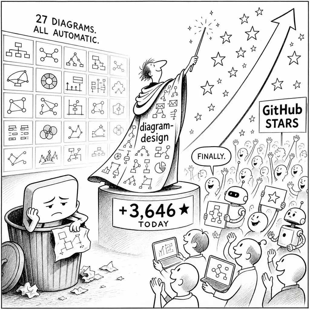 風刺画: GitHub急上昇、今日だけで+3,646スター『diagram-design』はMermaidの雑な図とサヨナラするための神スキルだった