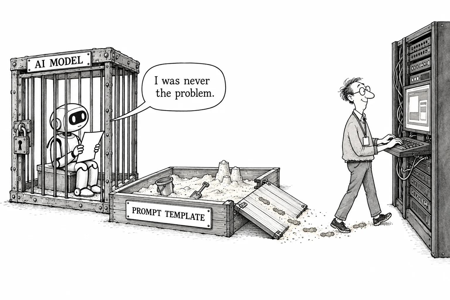 Editorial cartoon: GitLab's self-hosted AI Gateway had a CVSS 9.9 flaw that reportedly let Duo Agent users escape the prompt template sandbox and run commands