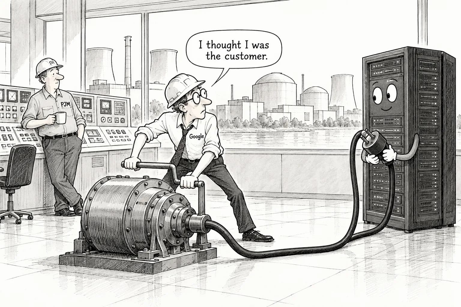 Editorial cartoon: Google signs 20-year deal to add 890MW to PJM by uprating 11 existing reactors, shifting from power buyer to capacity provider on a grid 6.8GW short