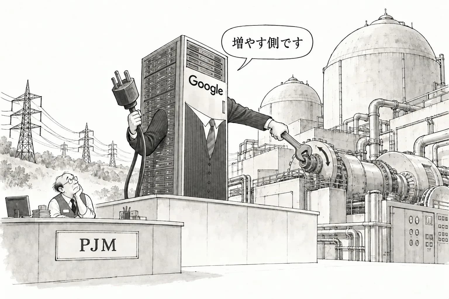 風刺画: Google、既存の原子炉11基の出力増強で PJM に890MW を新設する20年契約——容量不足6.8GW の系統で、電力の買い手から容量の出し手へ