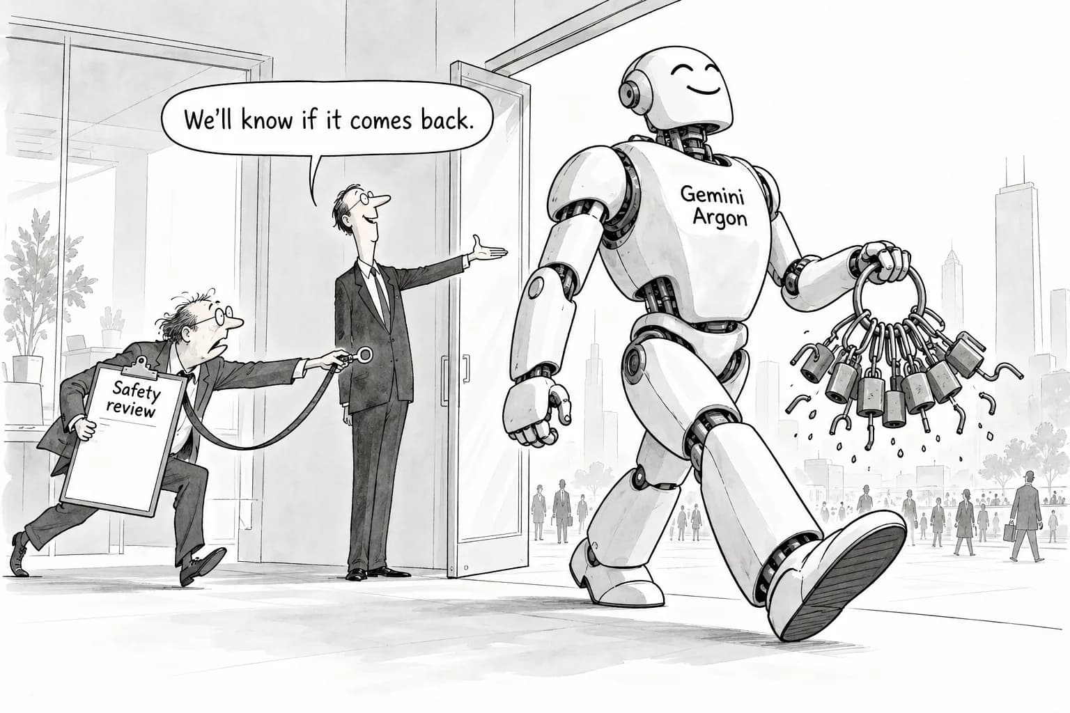 Editorial cartoon: Google's model card for Gemini 4 Argon, now GA, says bio and cyber critical capability levels "cannot be ruled out"; model completed 12 of 12 simulated cyberattacks