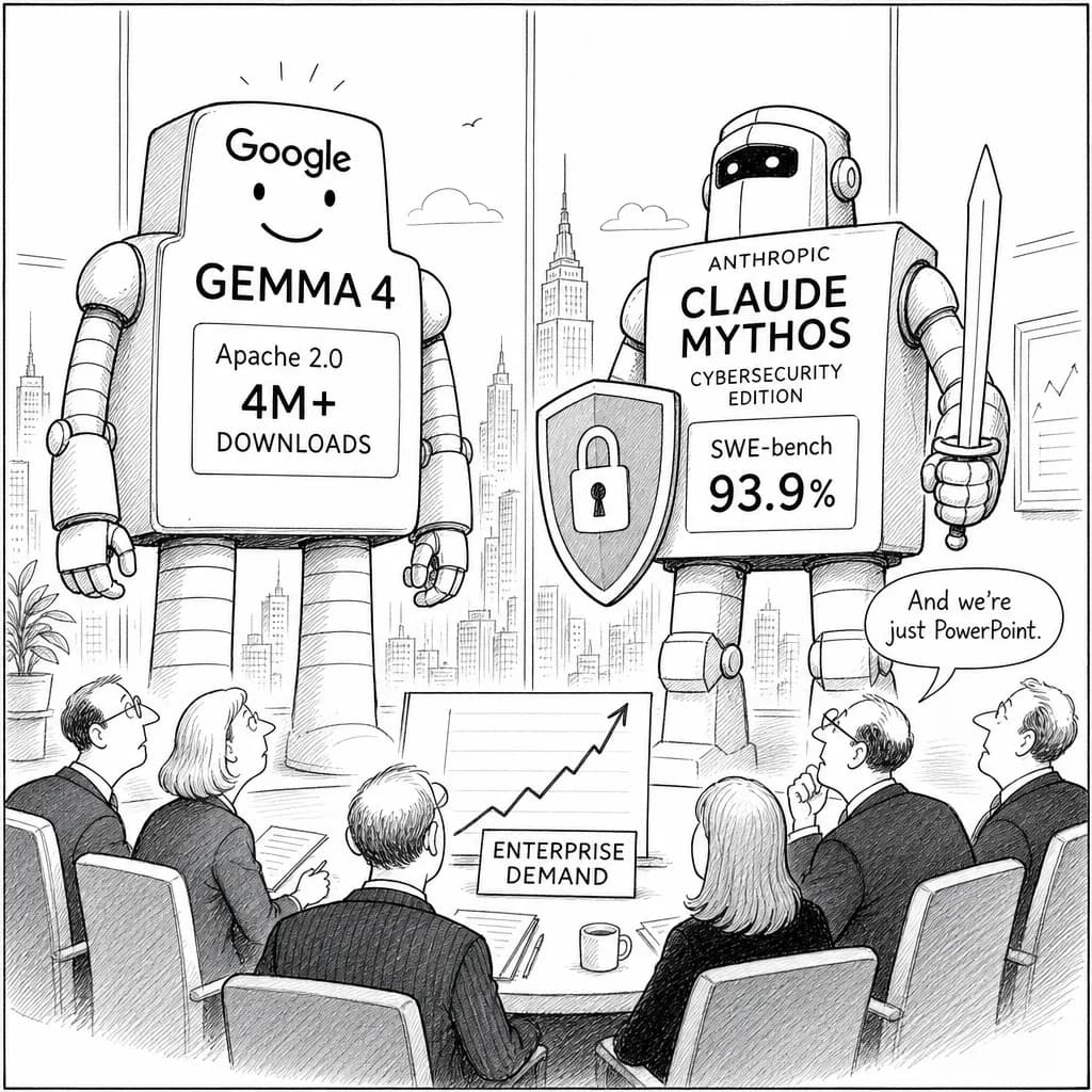 風刺画: Google Gemma 4がリリース、Claude Mythosの新機能も発表、大手AI企業が2026年に大幅アップデート