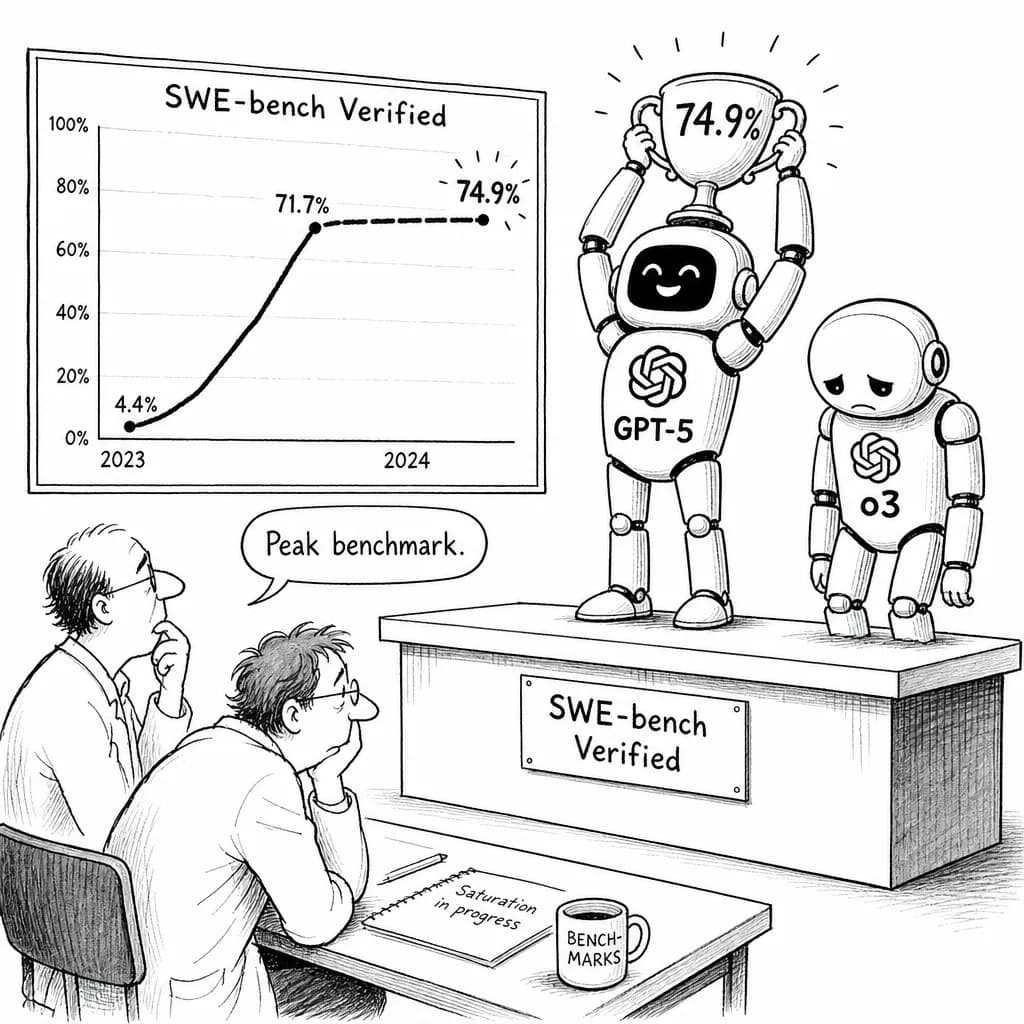 風刺画: GPT-5がSWE-bench Verifiedで74.9%達成——ベンチマーク急伸が示す「飽和」の兆し