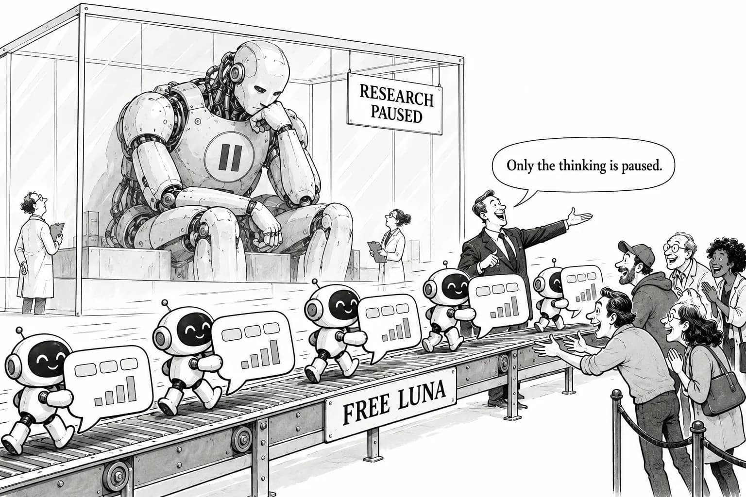 Editorial cartoon: GPT-6 reaches every ChatGPT plan, with Luna for free users and an "Intelligent UI" that puts buttons and charts inside answers