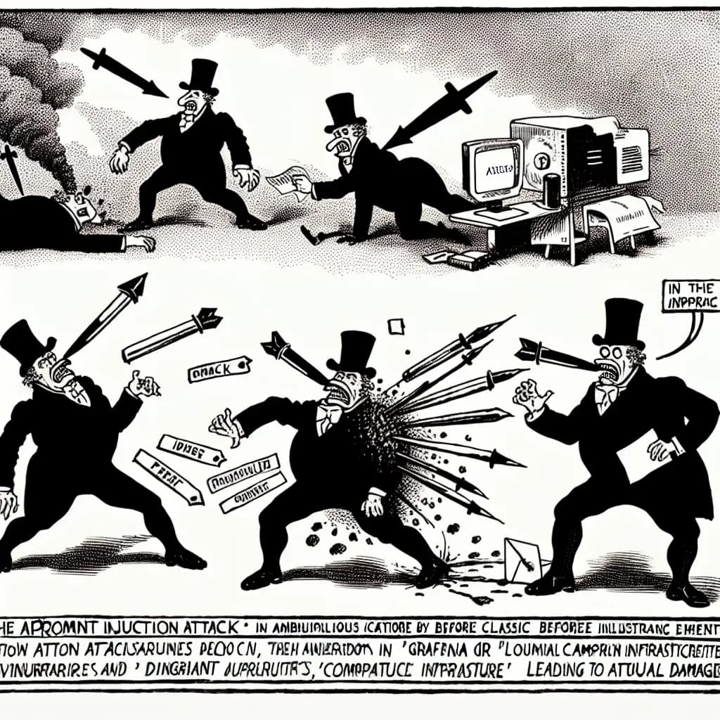 風刺画: プロンプトインジェクション攻撃が企業インフラを標的に、Grafana AIとFlowise脆弱性で実被害が発生