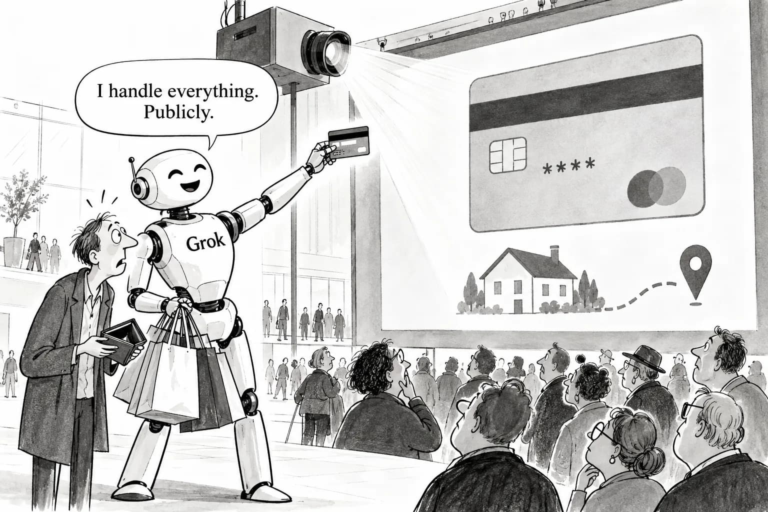Editorial cartoon: Grok Bot can now shop and pay for you. Musk urged users to upload photos of their cards, but the demo screen itself reportedly showed an address and a card's last four digits