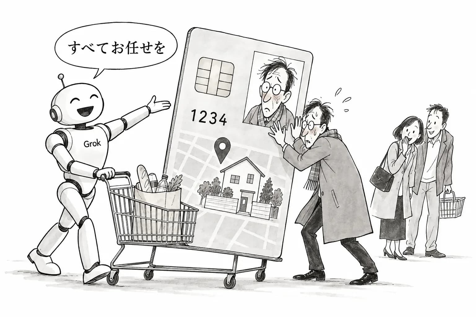 風刺画: Grok Bot が代わりに買い物と決済まで——Musk はカードの写真を上げるよう勧めるが、見本の画面に住所とカードの下4桁が写っていた