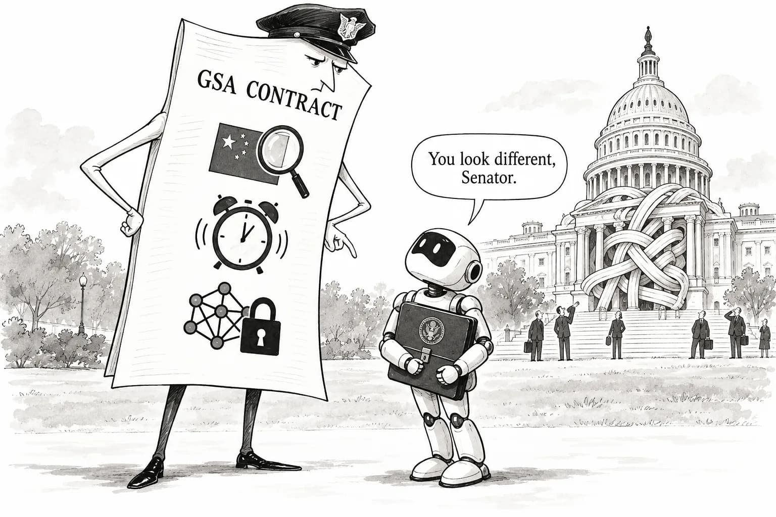 Editorial cartoon: US GSA adds AI clauses to procurement of LLMs handling government data: disclosure of foreign-government modification, 72-hour reporting, ban on unauthorized training