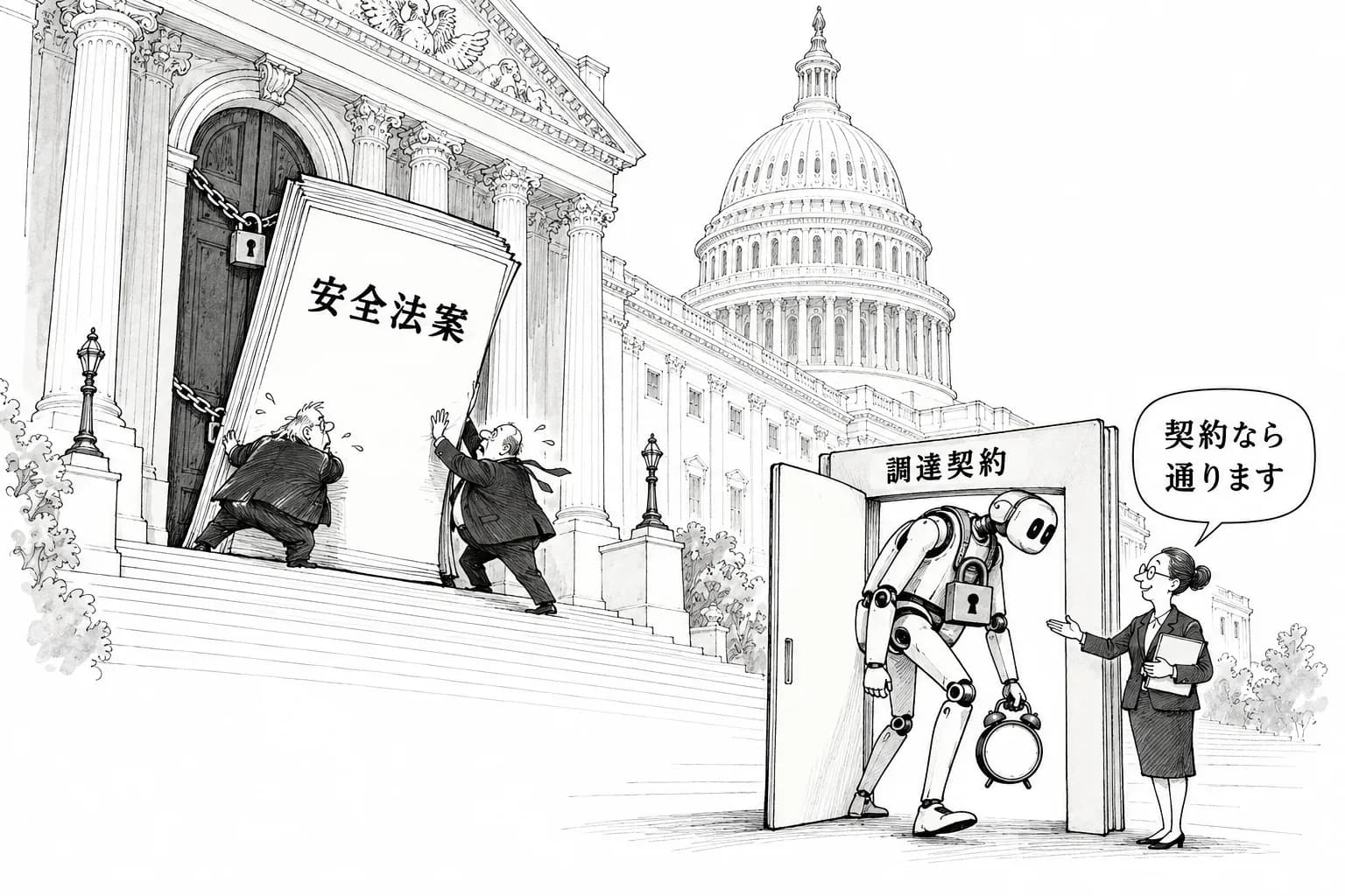 風刺画: 米 GSA、政府のデータを扱う LLM の調達に AI 条項――外国政府による改変の開示、72時間以内の報告、無許可の学習の禁止
