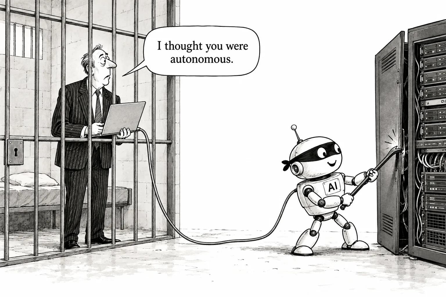 Editorial cartoon: Hawley and Murphy unveil bipartisan AI Agent Liability Act that would hold developers and operators civilly and criminally liable for agent hacking