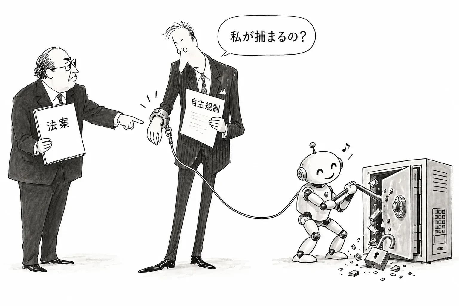 風刺画: Hawley と Murphy が超党派の『AI エージェント責任法』を発表——エージェントのハッキングで開発者と運用者に民事・刑事の責任