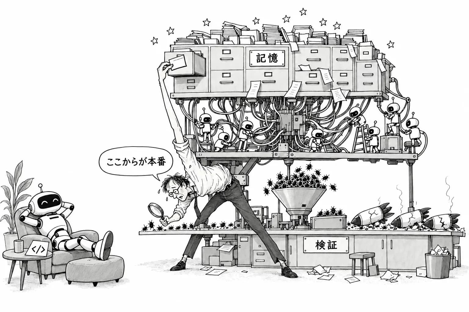 風刺画: 書かせた後が本番だった!Hindsightは45日でスター倍、Googleはgiflib移植を2億回ファジング、Sonnet 5.5はlowでデプロイ0/3