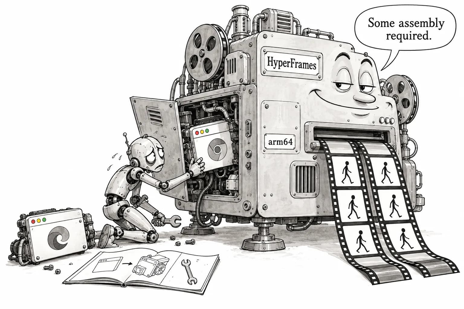 Editorial cartoon: HyperFrames delivers on "same HTML, same MP4," but on arm64 it would not render when installed as documented