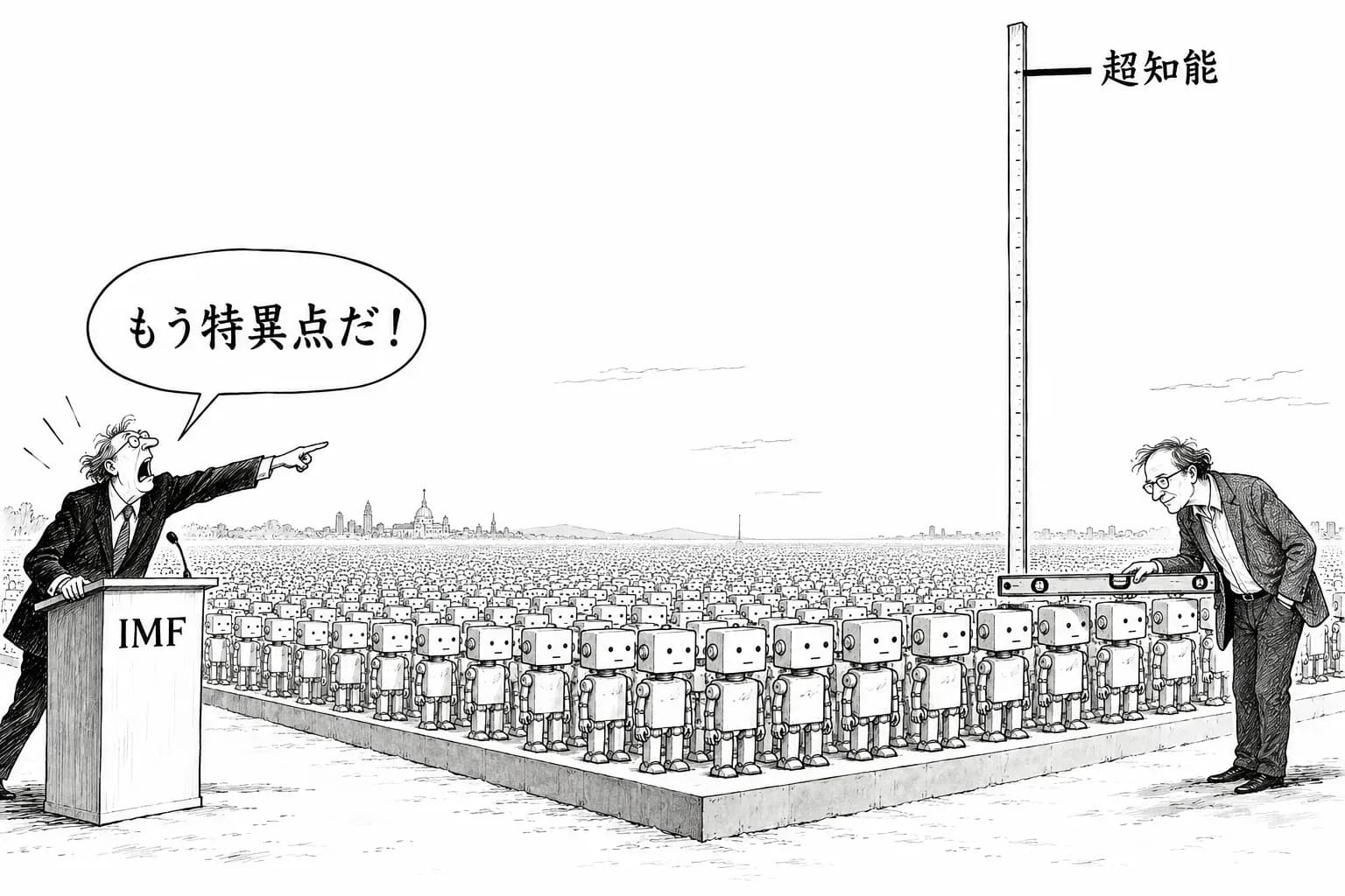 風刺画: 『特異点は始まった』と IMF で語った Jack Clark と、『100万のエージェントでも超知能にはならない』とする Naam――同じ日に正面から食い違った