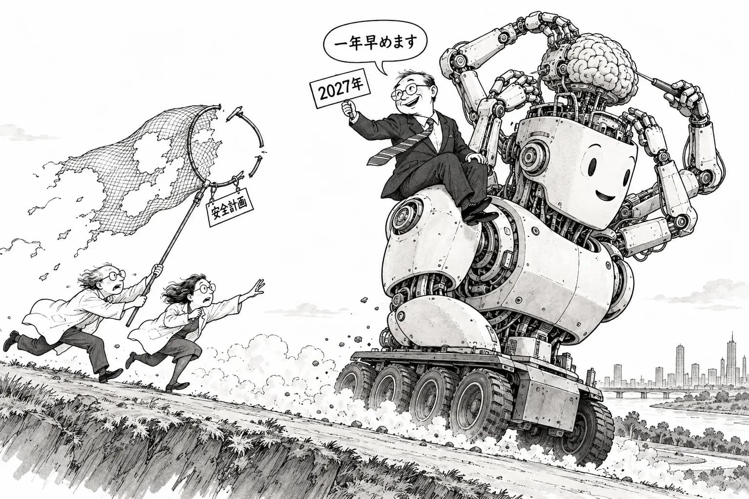 風刺画: Jack Clark が RSI の見通しを2027年に早める。同じ日、安全の陣営からは『ラボのアラインメントの計画はひどい』という論考