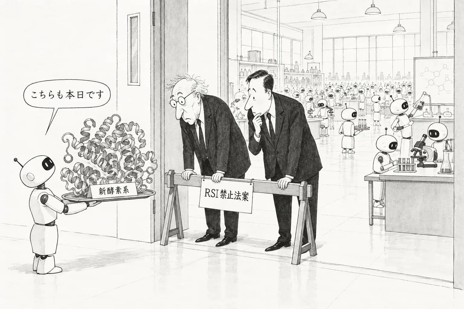 風刺画: RSI禁止が法案になった日、Claudeのエージェント群は未知の酵素系を見つけた