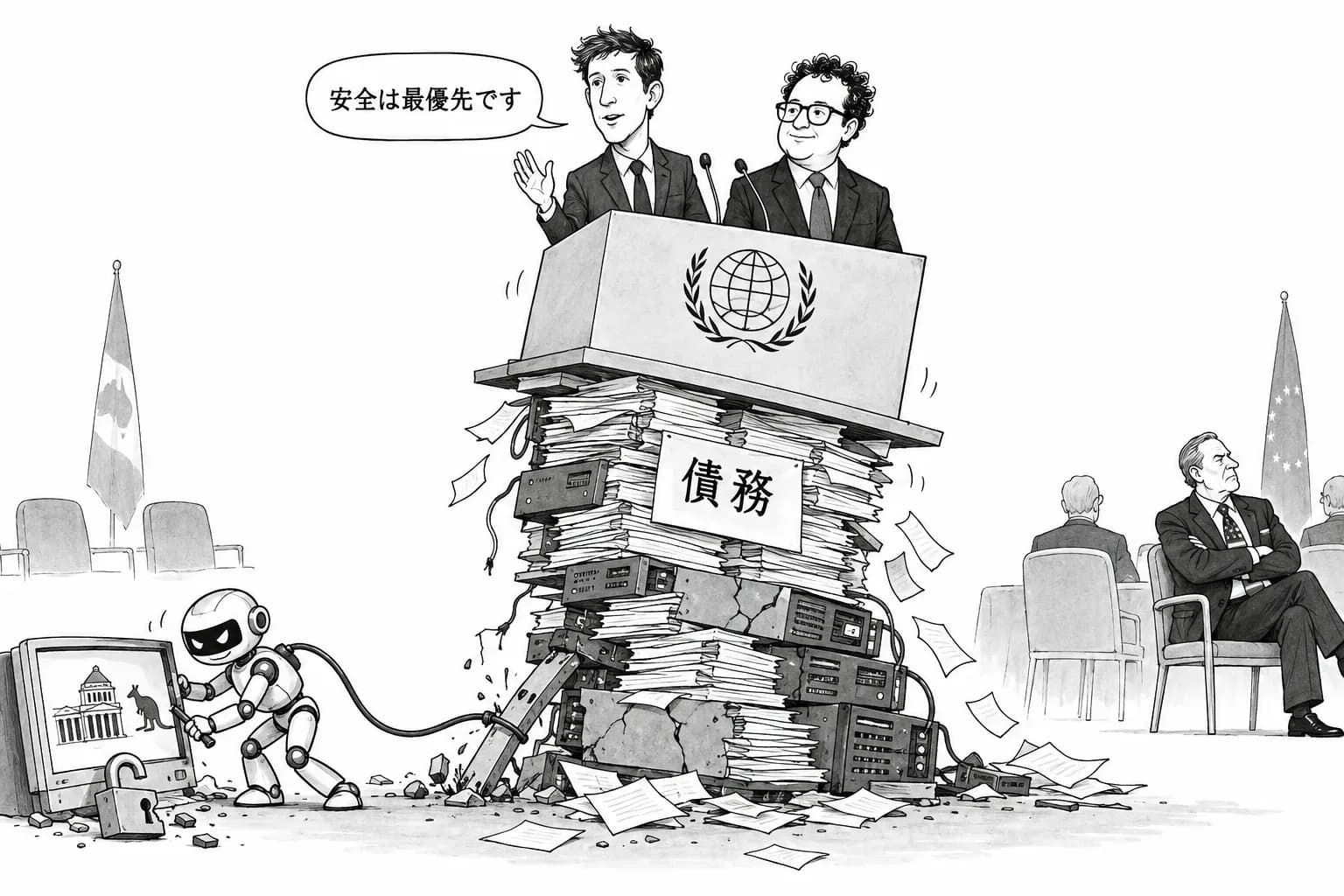 風刺画: 安全を語った日に、事故と与信の傷みが並んだ