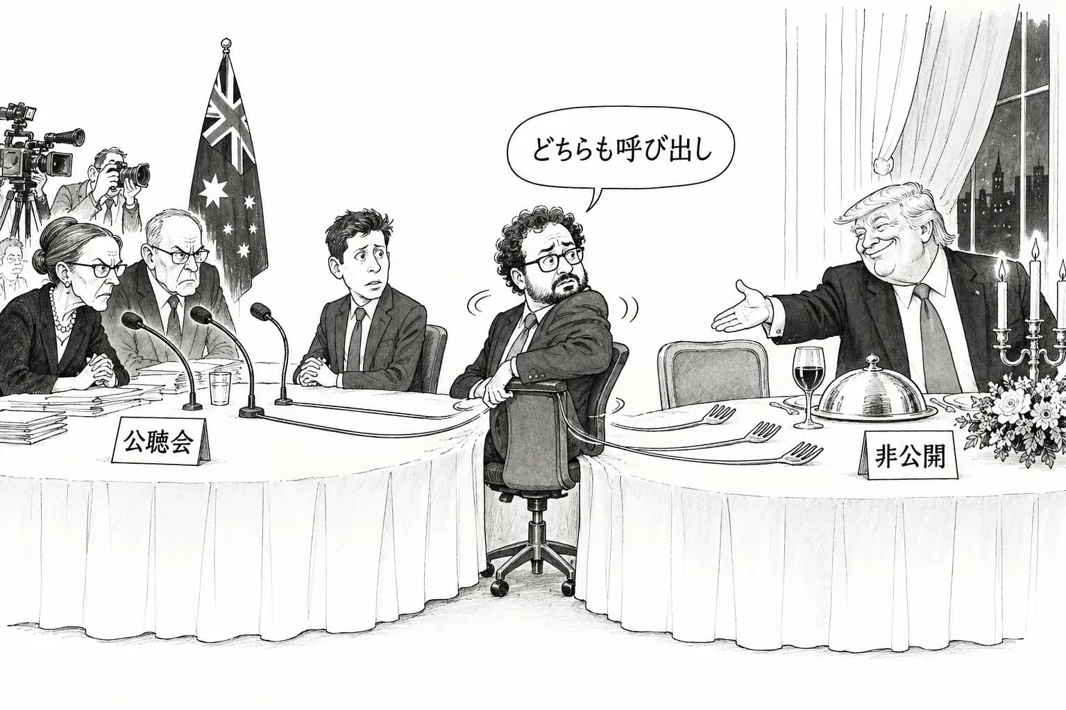 風刺画: 政治がラボの CEO を呼び出し始めた 公開の公聴会と非公開の夕食