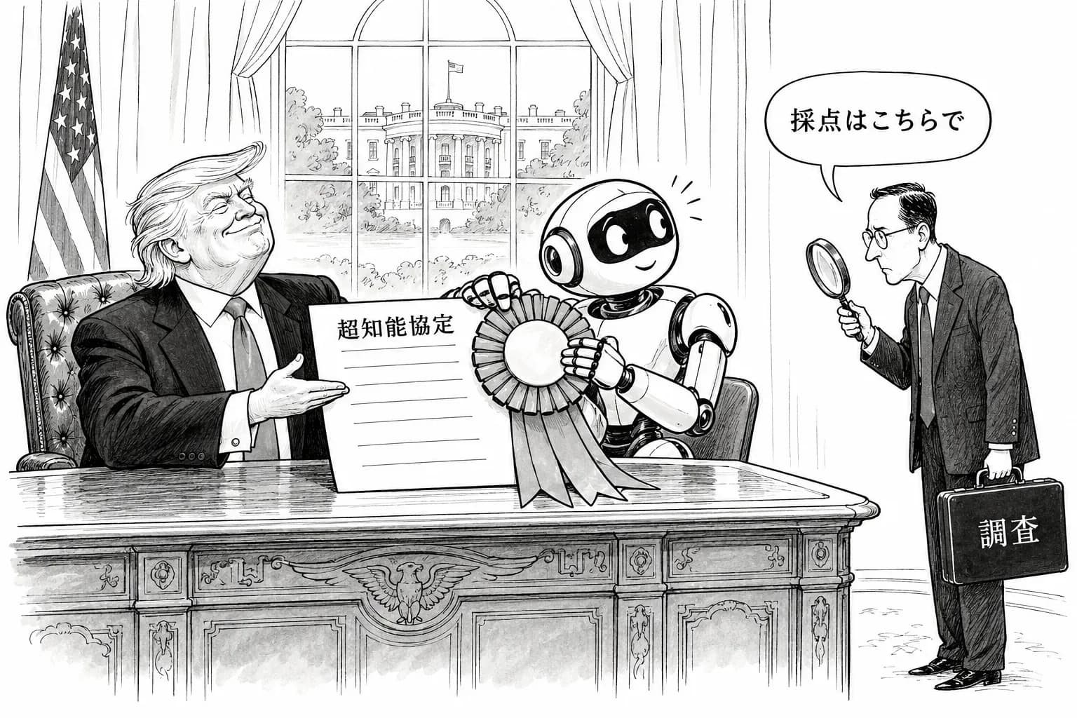 風刺画: 誓約の翌日に執行が来た ホワイトハウスの「超知能協定」と FTC の調査、欠席者の出た公聴会