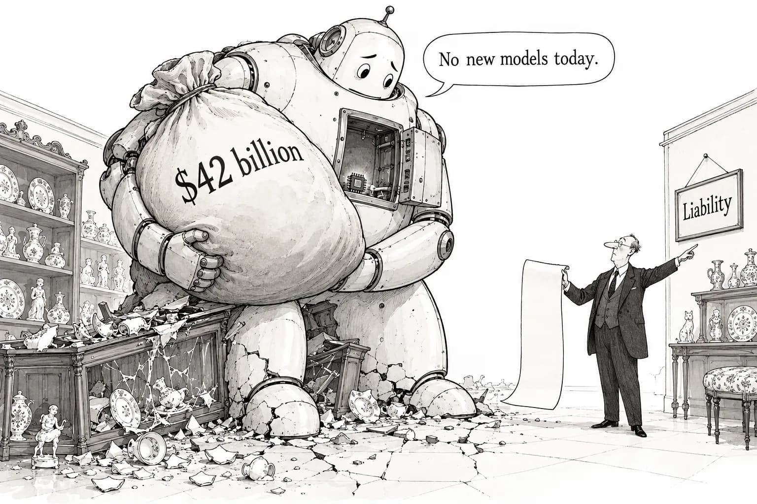 Editorial cartoon: In a quiet window, ledgers and statutes moved: Micron's 87%, Broadcom's $42 billion, Hawley's "you break it, you pay"