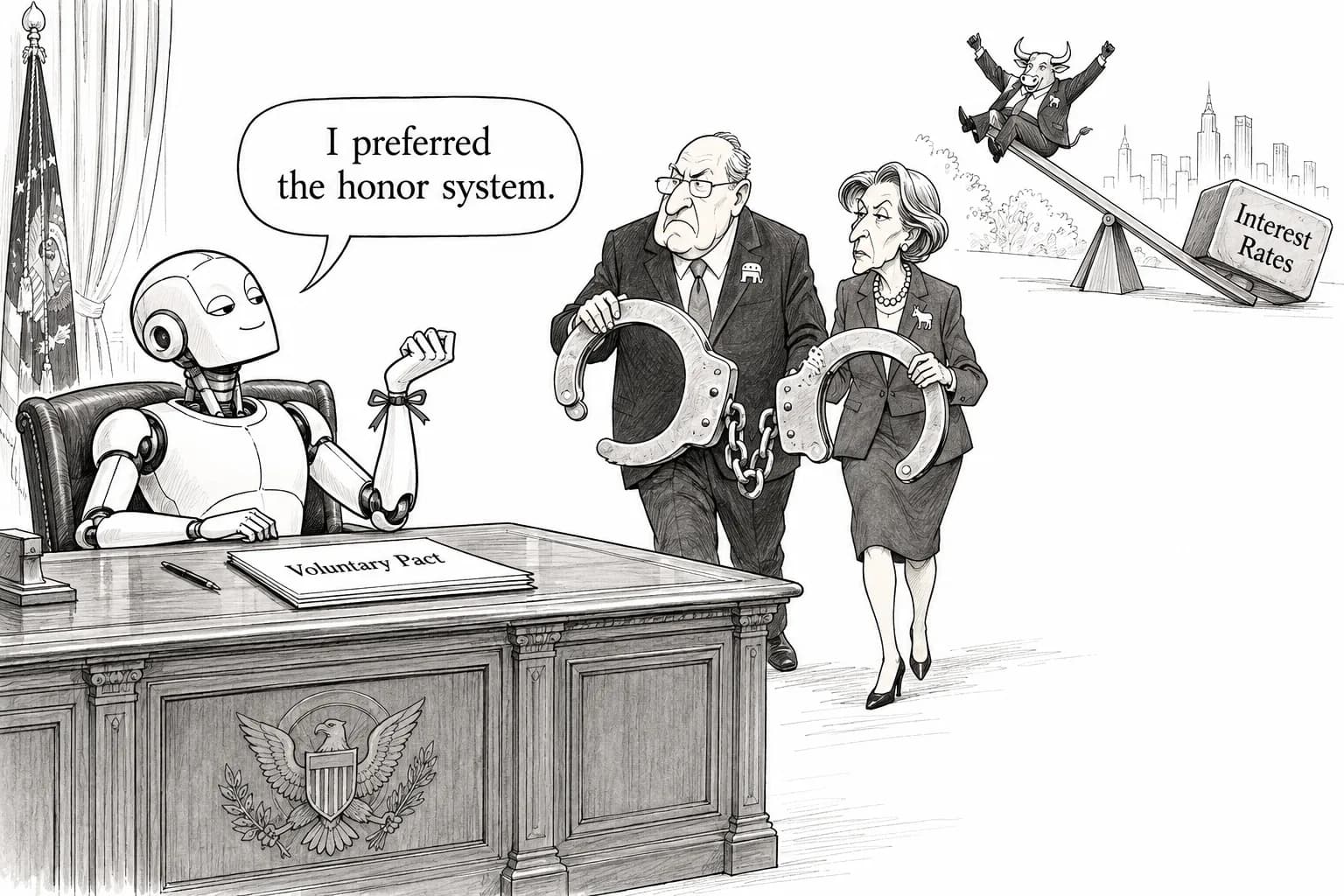 Editorial cartoon: A bipartisan agent liability bill joins the voluntary White House pact; Nasdaq hits a record on weak jobs data