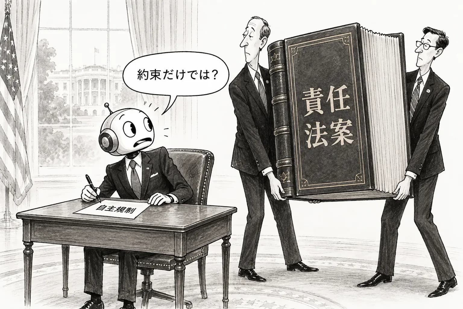 風刺画: 自主規制の協定に「責任追及」の法案が並んだ——超党派のエージェント責任法、雇用の下振れでナスダックは最高値
